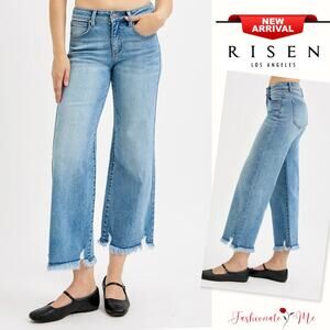 RISEN Mid Rise Waist Raw Hem Zipper Fly Light Wash Cropped Wide Leg Denim Jeans